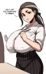  1girl black_hair breasts button_gap collared_shirt ear_piercing freckles huge_breasts mole mole_under_eye multicolored_hair notepad open_mouth original pen piercing ponytail roresu shirt skirt solo streaked_hair thick_eyebrows waitress white_hair 
