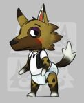  animal_crossing anthro blush canid canine canis clothing diaper embarrassed ire-k jewelry kyle_(animal_crossing) male mammal necklace nintendo raised_tail shirt solo standing topwear video_games wolf 
