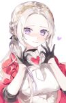  1girl alternate_costume alternate_hairstyle armor breastplate breasts cape edelgard_von_hresvelg fire_emblem fire_emblem:_three_houses fire_emblem_warriors:_three_hopes gloves hair_ornament hair_ribbon heart heart_hands highres long_hair looking_at_viewer meunhongcha official_alternate_costume official_alternate_hairstyle purple_eyes red_cape ribbon simple_background smile solo white_hair 