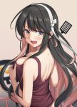  1girl alternate_costume black_hair blurry breasts commentary_request cooking depth_of_field egg_(food) fang fried_egg from_behind hairband highres ichikawa_feesu kantai_collection large_breasts long_hair multicolored_hair naganami_(kancolle) naganami_kai_ni_(kancolle) pink_hair purple_eyes purple_tank_top solo tank_top two-tone_hair upper_body white_hairband 