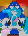  absurd_res akira_(tygoose_warriors animal_genitalia animal_penis anthro anus big_dom_small_sub big_tail blue_body blue_fur blush claws dialogue dominant forest fur genitals hi_res knot loodlezangoose looking_down looking_up male male/male male_penetrated male_penetrating male_penetrating_male penetration penis plant raised_leg sex sitting size_difference tank_(tygoose_warriors) tree turquoise_fur tygoose white_body white_fur 