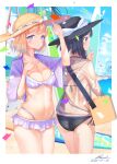  2girls 2gou absurdres artist_name ass back bangs beach bikini bikini_skirt black_bikini black_eyes black_hair black_headwear blonde_hair blue_eyes blue_sky blush bob_cut border breasts brown_headwear carrying chinese_commentary cleavage closed_mouth cloud cloudy_sky confetti crotch_seam dated day eating english_commentary eyebrows_visible_through_hair facing_away food frilled_bikini frills from_behind hand_on_own_chest hat hat_ribbon highleg highleg_bikini highres holding holding_food light_frown looking_at_viewer maribel_hearn medium_breasts mixed-language_commentary multiple_girls navel outdoors outside_border popsicle purple_bikini ribbon short_hair side-tie_bikini signature sky standing string_bikini summer sun_hat swimsuit swimsuit_cover-up touhou usami_renko white_border 
