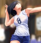  1girl absurdres armpits black_hair blurry blurry_background breasts brown_eyes cowboy_shot from_side hateri highres looking_to_the_side original short_hair small_breasts solo sportswear volleyball volleyball_uniform 