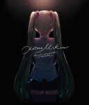  1girl absurdres black_background black_skirt character_name commentary_request cursive from_behind grey_shirt hair_between_eyes hatsune_miku highres long_hair shirt simple_background skirt solo spotlight tachibana_wataru_(123tsuki) thighhighs twintails vocaloid 