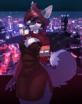  2022 anthro black_hair blurred_background border canid canine chest_tuft city clothed clothing detailed_background dipstick_tail dress eating eye_through_hair female fluffy fluffy_tail food fox fur grey_body grey_fur hair hi_res holding_object ingi ingi_(character) inner_ear_fluff kemono looking_at_viewer mammal markings multicolored_hair night offering_food pocky pocky_in_mouth red_eyes red_hair signature solo speech_bubble standing tail_markings translucent translucent_hair tuft two_tone_hair white_body white_fur wings 