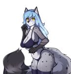  anthro blue_hair bottomwear canid canine canis clothing female fluffy fluffy_tail hair hi_res looking_at_viewer mammal pinup pose smile solo topwear welive wide_hips wolf 
