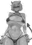  1girl ahoge anger_vein angry areolae bikini black_horns black_tail blush bracelet breasts demon_girl demon_horns demon_tail greyscale helltaker highres horns jewelry large_breasts looking_at_viewer malina_(helltaker) monochrome perma39895369 sketch swimsuit tail thighs unfinished wavy_mouth white_hair 