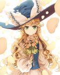  1girl arm_at_side asymmetrical_bangs bangs blonde_hair blue_headwear blue_vest bow buttons closed_mouth curly_hair dress eyebrows_behind_hair flower frilled_bow frills green_eyes hand_up hat hat_bow holding holding_flower kirisame_marisa large_hat leaf long_hair long_sleeves looking_at_viewer poppy_(flower) red_flower sakuraba_yuuki simple_background sleeve_cuffs smile solo touhou upper_body very_long_hair vest wavy_hair white_background white_bow white_dress witch_hat 