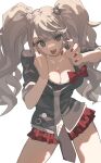  1girl absurdres bangs bear_hair_ornament black_eyes breasts choker cleavage danganronpa:_trigger_happy_havoc danganronpa_(series) enoshima_junko eyebrows_visible_through_hair fingernails grey_hair grey_necktie hair_ornament highres large_breasts long_fingernails long_hair looking_at_viewer middle_finger miniskirt necktie open_mouth pleated_skirt red_nails red_skirt simple_background skirt solo tachibana_wataru_(123tsuki) tongue tongue_out twintails white_background 