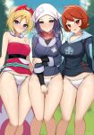  3girls :d akari_(pokemon) arezu_(pokemon) arm_under_breasts blonde_hair blue_eyes blue_hair blue_shirt blue_sky blush breasts breath censored closed_mouth dark_blue_hair day grass grey_eyes hair_ornament head_scarf highres holding_own_arm irida_(pokemon) large_breasts long_hair long_sleeves looking_at_viewer medium_breasts mosaic_censoring multiple_girls nassss no_pants open_mouth panties pokemon pokemon_(game) pokemon_legends:_arceus red_eyes red_hair red_scarf red_shirt scarf shirt short_hair side-by-side sky sleeveless sleeveless_shirt smile standing thigh_gap thighs tree underwear white_headwear white_panties 