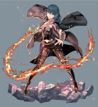  1girl armor bangs black_coat black_shorts blue_eyes blue_hair breasts bustier byleth_(fire_emblem) byleth_(fire_emblem)_(female) cape closed_mouth coat dagger fire fire_emblem fire_emblem:_three_houses full_body holding holding_sword holding_weapon knife kurahana_chinatsu looking_at_viewer medium_hair navel official_art pantyhose shorts solo sword sword_of_the_creator weapon whip whip_sword 
