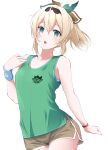  1girl :o absurdres bare_shoulders basketball_jersey basketball_uniform blonde_hair bow brown_shorts collared_shirt green_eyes green_tank_top hair_bow hairband hey_oh_much highres hololive kazama_iroha looking_at_viewer ponytail shirt shorts simple_background solo sportswear sweat sweatband tank_top virtual_youtuber white_background 