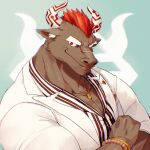 animal_ears bara bracelet brown_fur commentary cow_ears cow_horns facial_hair formal furry furry_male goatee gyumao_(housamo) highres horns jewelry jinnai10 large_pectorals male_focus mature_male minotaur mohawk muscular muscular_male necklace pectoral_cleavage pectorals red_hair shirt short_hair smile striped striped_shirt suit tokyo_afterschool_summoners white_suit 