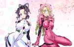  2girls absurdres ayanami_rei ayanami_rei_(cosplay) braid breasts butterfly_hair_ornament cherry_blossoms cosplay drawing drill_hair finger_to_mouth green_eyes green_hair hair_ornament highres kanroji_mitsuri kimetsu_no_yaiba kjr_drawing kochou_shinobu large_breasts long_hair makinami_mari_illustrious makinami_mari_illustrious_(cosplay) medium_breasts mole mole_under_eye multicolored_hair multiple_girls neon_genesis_evangelion no_pupils plugsuit purple_hair short_hair smile tight twin_braids 