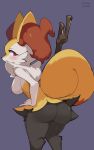  1girl absurdres animal_ear_fluff animal_ears animal_nose artist_name ass black_fur blush body_fur braixen breasts chromatic_aberration commentary english_commentary fang fox_ears fox_girl fox_tail from_behind fur_collar furry furry_female hand_on_hip highres honey_calamari leaning_forward looking_back medium_breasts nipples open_mouth pokemon pokemon_(creature) purple_background red_eyes sideways_mouth signature simple_background snout solo standing stick tail white_fur yellow_fur 