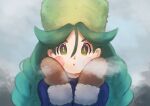  1girl bangs blue_jacket blurry blush_stickers breath bright_pupils brown_mittens cold commentary_request day doro_(zibaziba_6) eyelashes fog fur-trimmed_jacket fur_hat fur_trim green_eyes green_hair green_headwear hair_between_eyes hat jacket long_hair long_sleeves looking_at_viewer outdoors pokemon pokemon_(game) pokemon_legends:_arceus sabi_(pokemon) solo upper_body 