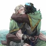  2boys armor bara black_hair blonde_hair blue_eyes cloak colored_skin couple gauntlets green_cloak heads_together highres hug mature_male multiple_boys muscular muscular_male o3tofu original pectorals toned toned_male white_skin yaoi 