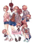  1girl blazer blue_eyes blue_shorts blue_skirt blush bow brown_footwear brown_jacket chibi closed_eyes closed_mouth denim denim_shorts depressed doki_doki_literature_club empty_eyes hand_up highres jacket jumping long_sleeves looking_at_viewer nono_kana noose one_eye_closed open_clothes open_jacket open_mouth pink_footwear pink_hair pink_shirt red_bow red_shorts rope sad sayori_(doki_doki_literature_club) school_uniform shirt shoes short_hair shorts sitting skirt socks solo suicide white_footwear white_legwear white_shirt 