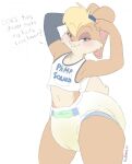  anthro blush bodily_fluids diaper english_text female genital_fluids hardscales hi_res lagomorph leporid lola_bunny looking_at_viewer looney_tunes mammal peeing rabbit soggy_diaper solo text urine warner_brothers wet_diaper wetting 