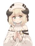  1girl absurdres alternate_hairstyle arknights bangs bare_shoulders blonde_hair blue_eyes blush demon_girl demon_horns eyebrows_visible_through_hair hat highres horns long_sleeves nightingale_(arknights) off_shoulder portrait ryoku_sui short_hair solo turtleneck white_background 