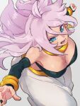  1girl android_21 bare_shoulders blue_eyes bracelet breasts choker cleavage dragon_ball dragon_ball_fighterz earrings grey_background hair_between_eyes hoop_earrings jewelry kemachiku looking_at_viewer majin_android_21 medium_breasts pink_hair simple_background solo yellow_choker 