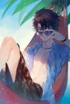  1boy adjusting_eyewear bangs black_choker black_hair black_male_swimwear black_neckwear blue_eyes chinese_commentary choker fate/grand_order fate_(series) fujimaru_ritsuka_(male) glasses hammock hawaiian_shirt highres holding holding_eyewear jewelry looking_at_viewer lsuiany lying male_focus male_swimwear necklace open_clothes shirt short_hair shorts sky smile solo sunglasses sunlight swim_trunks swimsuit type-moon 