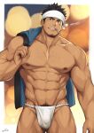  1boy abs bara bare_pectorals beard bulge cigarette facial_hair fundoshi headband highres japanese_clothes large_pectorals looking_at_viewer male_focus mature_male muscular muscular_male navel navel_hair nipples pectoral_cleavage pectorals scar sideburns smile zifu 