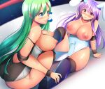  2girls alternate_costume animal_ears between_breasts black_footwear black_leotard boots breasts breasts_out breath cleavage clenched_teeth crotch_rub elbow_pads eyebrows_visible_through_hair fingerless_gloves gloves hair_between_eyes kicking knee_pads kochiya_sanae large_breasts leotard light_purple_hair long_hair lying multiple_girls necktie nipples niwatori_(eck16614) pain purple_hair rabbit_ears rabbit_girl red_eyes red_necktie reisen_udongein_inaba smile sweatdrop teeth thigh_boots thighhighs touhou two-tone_leotard white_leotard wrestling wrestling_outfit wrestling_ring 