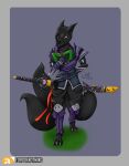  absurd_res adventurer anthro belt book clawed_feet clawed_toes female hi_res lordofnothin1 melee_weapon multi_tail pouch_(anatomy) pouch_purse sheathed_weapon solo sword tassels warrior weapon 