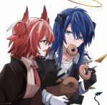  2girls animal_ears arknights asymmetrical_gloves bird_ears black_gloves black_jacket blue_eyes blue_hair demon_horns demon_tail detached_wings doughnut energy_wings eyebrows_visible_through_hair fallen_angel food food_in_mouth fur-trimmed_jacket fur_trim gloves hair_between_eyes halo hibioes highres horns jacket jewelry long_hair medium_hair mismatched_gloves mostima_(arknights) multiple_girls necklace necktie open_mouth red_eyes red_hair red_necktie shirt suffering_(arknights) tail white_shirt wings 