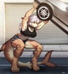  anthro big_breasts bottomwear breasts car clothing collar female fish hi_res marine pgm300 shadow shark shorts solo teeth tire vehicle 