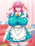  5_fingers 68_(artist) anthro big_breasts blue_eyes blush breasts clothed clothing curvy_figure eyebrow_through_hair eyebrows female fingers fur gloves group hair hand_on_breast handwear headgear headwear hi_res huge_breasts inside kemono lagomorph leporid long_hair looking_at_viewer mammal open_mouth pink_body pink_fur pink_hair portrait rabbit standing thick_thighs three-quarter_portrait translucent translucent_hair uniform voluptuous wide_hips 