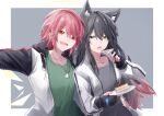  2girls animal_ear_fluff animal_ears arknights black_gloves black_hair chinese_commentary commentary_request detached_wings dog_tags ear_piercing eating energy_wings exusiai_(arknights) fingerless_gloves food gloves gradient_hair green_shirt grey_shirt halo hibioes holding holding_plate jacket jewelry multicolored_hair multiple_girls necklace open_clothes open_jacket open_mouth piercing plate pocky raglan_sleeves red_eyes red_hair shirt short_hair teeth texas_(arknights) white_jacket wings wolf_ears yellow_eyes 