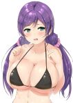  1girl absurdres bangs bare_arms bikini black_bikini blush breasts cleavage clenched_hands collarbone commentary green_eyes hair_ornament hair_scrunchie highres large_breasts long_hair love_live! low_twintails navel open_mouth parted_bangs purple_hair scrunchie shinonon_(iso_shino) shiny shiny_skin simple_background solo sweat swimsuit tongue toujou_nozomi twintails underboob upper_body white_background 