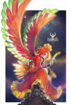  1girl adapted_costume dress highres ho-oh kantarou_(8kan) personification pokemon pokemon_(game) pokemon_gsc rainbow_wing_(pokemon) rainbow_wings red_eyes red_hair sky solo star_(sky) starry_background starry_sky wings 