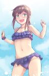  1girl ass_visible_through_thighs bangs bikini blue_bikini blue_sky blush breasts brown_hair chaigidhiell cloud collarbone commentary cowboy_shot day eyebrows_visible_through_hair frilled_bikini frills fubuki_(kancolle) green_eyes highres kantai_collection looking_at_viewer low_ponytail navel open_mouth outdoors polka_dot polka_dot_bikini ponytail scrunchie short_ponytail sidelocks sky small_breasts smile solo standing swimsuit water wrist_scrunchie 