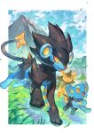  absurdres alternate_color border cloud commentary_request day evolutionary_line fangs grass highres leaves_in_wind luxio luxray mountain no_humans open_mouth outdoors pokemon pokemon_(creature) running shinx shiny_pokemon sky smile tapioka_chaso toes tongue white_border 