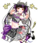  1girl alternate_costume badge bangs bare_shoulders black_footwear black_hair black_ribbon blunt_bangs blush bow breasts button_badge checkered_clothes checkered_skirt claw_pose cleavage commentary_request crop_top dameyoshi demon_girl demon_horns demon_tail eyebrows_visible_through_hair flower foot_out_of_frame frilled_skirt frills grey_shirt grey_skirt hair_bow headset heart high_heels highres horns jewelry kojo_anna large_bow leg_ribbon long_hair long_sleeves looking_at_viewer medium_breasts midriff multicolored_hair navel open_mouth pink_flower plaid plaid_bow plaid_legwear pointy_ears purple_bow purple_hair purple_legwear ribbon ring rose russian_text shirt simple_background single_thighhigh skirt solo star_(symbol) sugar_lyric tail thighhighs twintails two-tone_footwear two-tone_hair virtual_youtuber white_background white_footwear yellow_eyes 