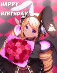  1girl aki_rosenthal animal_ears bangs black_dress black_gloves black_hairband blonde_hair bouquet braid braided_bangs checkered_floor closed_mouth detached_hair dice_hair_ornament dress drill_hair elbow_gloves eyebrows_visible_through_hair fake_animal_ears flower gloves hair_ornament hairband happy_birthday highres holding holding_bouquet hololive long_hair looking_at_viewer low_twintails mikomiko_(mikomikosu) pink_flower pink_rose puffy_short_sleeves puffy_sleeves purple_eyes rabbit_ears red_flower red_rose rose short_sleeves smile solo swept_bangs twin_drills twintails very_long_hair 