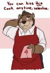 2022 anthro apron blue_eyes brown_body brown_fur clothing dale_(echo) english_text envelope facial_hair fur hair hand_behind_head hi_res holidays lutrine male mammal mustelid overweight overweight_male pink_background shirt sideburns simple_background slightly_chubby solo text topwear unsafescapewolf valentine&#039;s_day video_games visual_novel white_background white_clothing white_shirt white_topwear 