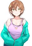  1girl breasts cleavage collarbone eyebrows_visible_through_hair green_eyes green_jacket hair_between_eyes hands_in_pockets highres hood hooded_jacket idolmaster idolmaster_cinderella_girls jacket jacket_partially_removed light_smile looking_at_viewer orange_hair partially_unzipped short_hair simple_background solo unu_(unucence) upper_body white_background yoshioka_saki 