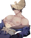  1boy abs bara bare_pectorals covered_abs hat inverted_nipples ketanbakar large_pectorals male_focus mature_male muscular muscular_male nervous nipples original pectoral_cleavage pectorals scar scar_on_chest sweat 