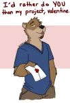  2022 anthro blue_clothing blue_shirt blue_topwear bottomwear brown_body brown_bottomwear brown_clothing brown_eyes brown_fur brown_pants chase_hunter clothing echo_(game) echo_(series) echo_project envelope facial_hair fur goatee hand_in_pocket hi_res holidays lutrine male mammal mustelid pants pink_background pockets shirt simple_background solo topwear unsafescapewolf valentine&#039;s_day video_games visual_novel white_background 
