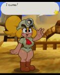  anthro blonde_hair boots clothed clothing eyebrow_through_hair eyebrows female footwear goomba goombella hair hi_res mario_bros mining_helmet nintendo paper_mario solo somescrub speech_bubble standing star text thick_eyebrows thick_thighs translucent translucent_hair video_games 