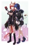 2girls animal_ears arknights asymmetrical_gloves bird_ears bird_tail black_footwear black_gloves black_jacket black_skirt blue_hair box chinese_commentary closed_mouth commentary_request demon_horns demon_tail detached_wings energy_wings fallen_angel fur-trimmed_hood fur_trim gift gift_box gloves halo hibioes highres hood hooded_jacket horns id_card jacket long_hair mismatched_gloves mostima_(arknights) multiple_girls open_clothes open_jacket parted_lips pastry_box red_eyes red_hair shirt skirt suffering_(arknights) tail thigh_strap white_gloves white_shirt wings 