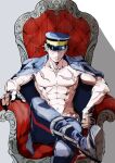  1boy abs bandages bara bare_pectorals blue_coat blue_pants coat golden_kamuy gomen_koumuru hat highres large_pectorals looking_at_viewer manly mature_male military_hat muscular muscular_male navel nipples open_clothes open_coat pants pectoral_cleavage pectorals scar scar_on_cheek scar_on_chest scar_on_face scar_on_nose scar_on_stomach sitting sugimoto_saichi 