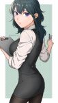  1girl absurdres alternate_costume black_legwear black_skirt blue_hair breasts business_suit byleth_(fire_emblem) byleth_(fire_emblem)_(female) clipboard commentary_request contemporary fire_emblem fire_emblem:_three_houses formal highres holding holding_clipboard holding_pen large_breasts long_hair looking_at_viewer office_lady pantyhose parted_lips peach11_01 pen purple_eyes shirt skirt skirt_suit sleeves_rolled_up solo suit twitter_username white_shirt 