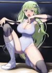  1girl alternate_costume boots breasts breathing cleavage covered_navel elbow_pads eyebrows_visible_through_hair frog_hair_ornament green_eyes green_hair gunnjou_yosio hair_between_eyes hair_ornament hair_tubes knee_pads kochiya_sanae large_breasts leotard long_hair one_knee silver_leotard snake_hair_ornament solo sweatdrop touhou white_footwear wrestler wrestling wrestling_boots wrestling_outfit wrestling_ring 