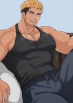  1boy bara beard blue_eyes body_hair chest_hair facial_hair harada_(basashi) highres large_pectorals looking_at_viewer lying mature_male muscular muscular_male original pants pectoral_cleavage pectorals smile stubble tank_top tight tusks 