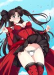  1girl artist_name black_hair blue_eyes blush breasts dress earrings elbow_gloves fate/stay_night fate_(series) gloves hair_ribbon highres jewelry large_breasts lindaroze panties patreon_username petals red_dress ribbon signature skirt sky solo thighhighs tohsaka_rin twintails twitter_username underwear wind wind_lift 